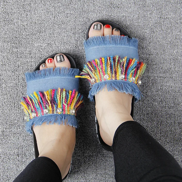 New Summer Colorful Fringed Leather Flat Heel Open Toe Slip Shoes Ladies Casual Slipper 2016 Woman Leisure Footwear Cheap51