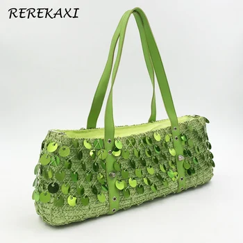 

REREKAXI Candy Color Woman Handbag Bohemian Summer Straw Beach Bag Female Sequin Net Shoulder Bag Travel Shopping Tote