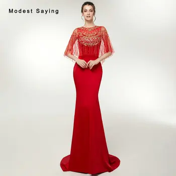

Elegant Sheer Red Mermaid Beaded Evening Dresses 2018 with Shawl Formal Women Engagement Party Prom Gowns abiye gece elbisesi