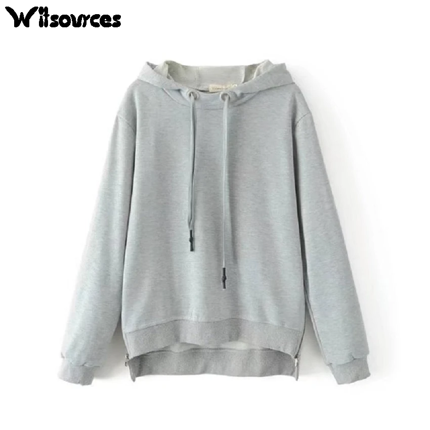 Witsources Light Grey Hoodie Women New Fashion Long Sleeve Assymetric Sexy Casual Hoodies with