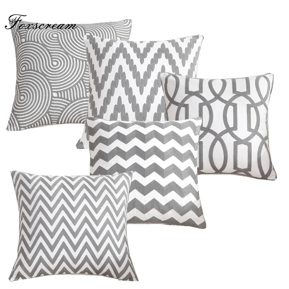 

Grey Embroidered Cushion Cover Home Decor Gray Embroidery Pillowcase Decorative Pillows Cotton Canvas For Sofa Throw Pillowcase