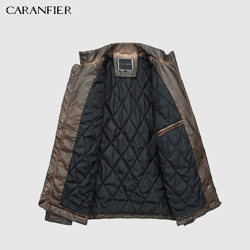 Мужские кожаные куртки CARANFIER высококачественное зимнее винтажное мотоциклетное