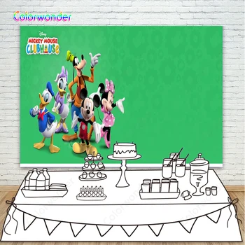 

Kids Background for Photography Mickey Mouse with Minnie and Their Friends 7x5ft Green Backdrops for Kids Birthday Party Decor