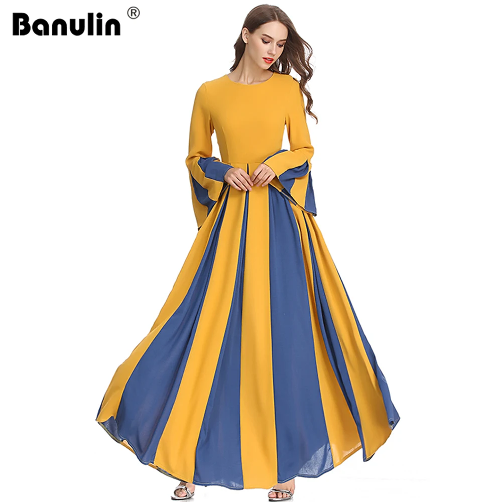 

Banulin Newest 2019 Designer Runway Maxi Dress Women's Flare Sleeve Charming Color Block Pleated Floor Length Long Dress