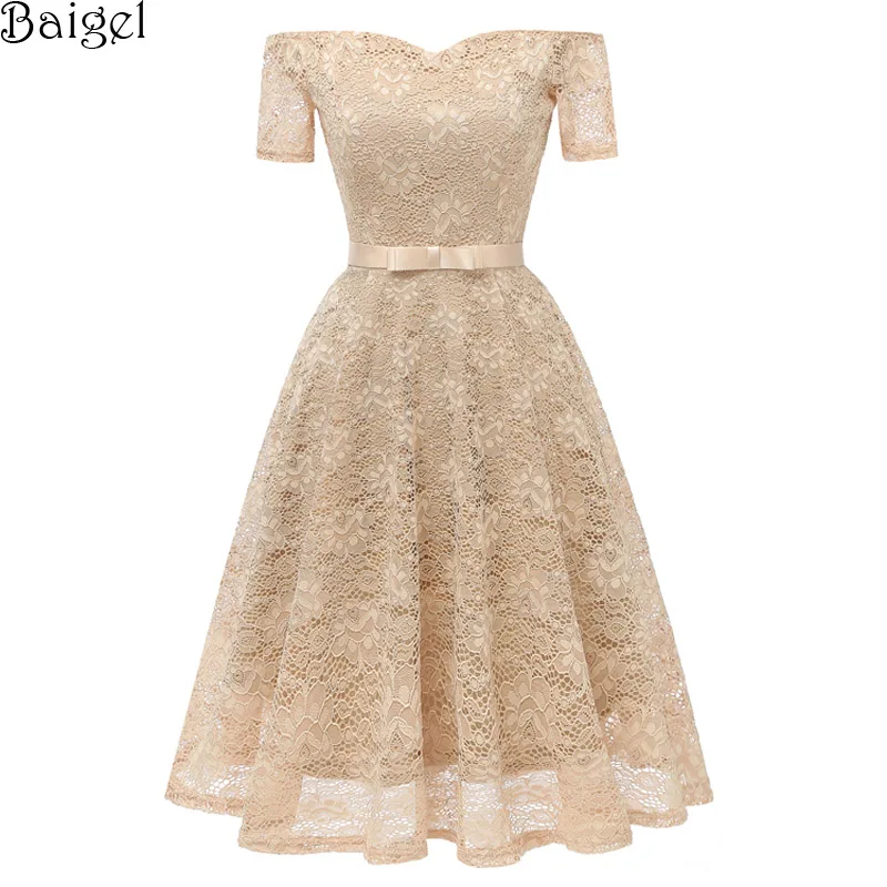 Women Short Sleeve Floral Lace Sexy Dress Off the Shoulder Wedding Party Dress Bridesmaid Robes Rockabilly Vintage Dress  (1)