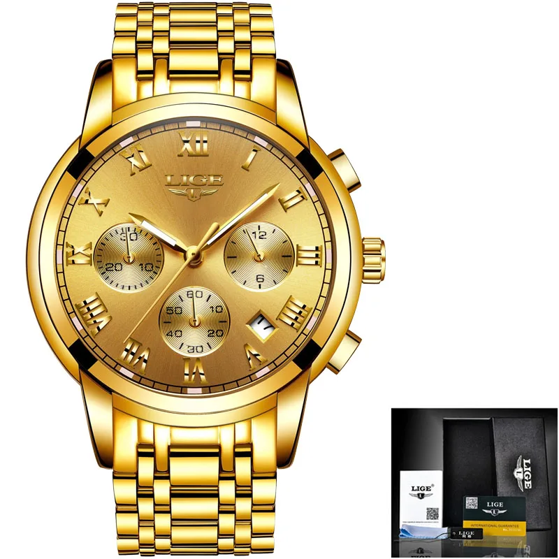 LIGE золотые часы мужские модные бизнес Кварцевые часы мужские часы Топ Роскошные Водонепроницаемые кожаные военные часы Relogio Masculino - Цвет: S All  yellow