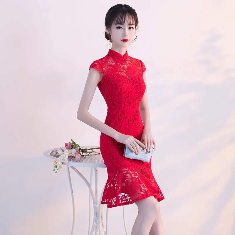 Традиционные китайское платье Qipao женские вечерние платья Винтаж Cheongsam для женщин невесты короткие черные кружево современный платье