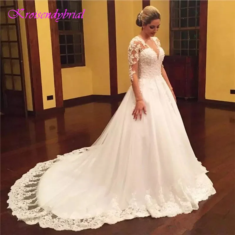 

DZW323 Robe De Mariee 2019 Wedding Dresses Long Sleeves V Neck Lace Elegant Bride Dress Wedding Gown Vestido De Novias