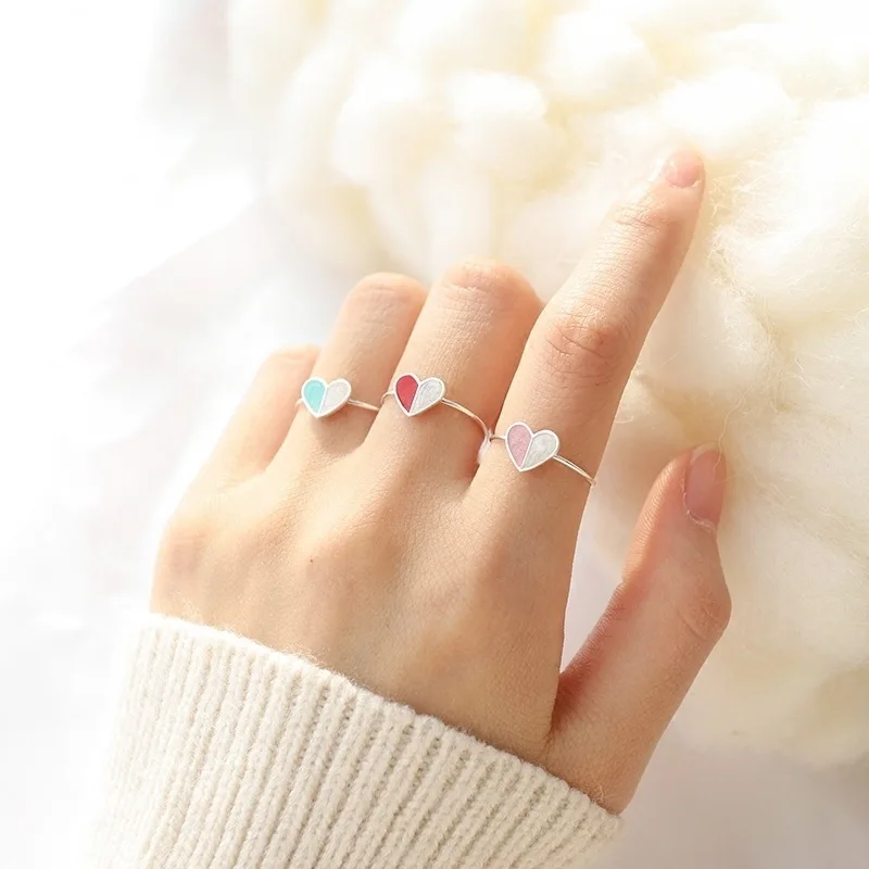 simple heart candy color open ring 100% 925 Sterling silver Jewelry Genuine Vintage Adjustable rings for women gift free size