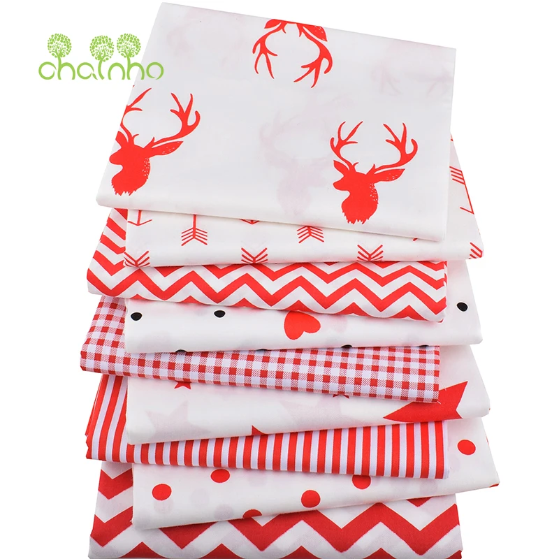 

Chainho,Red Reindeer & Geometric Pattern,Printed Twill Cotton Fabric,Patchwork Cloth For DIY Sewing&Quilting Baby&Kid's Material