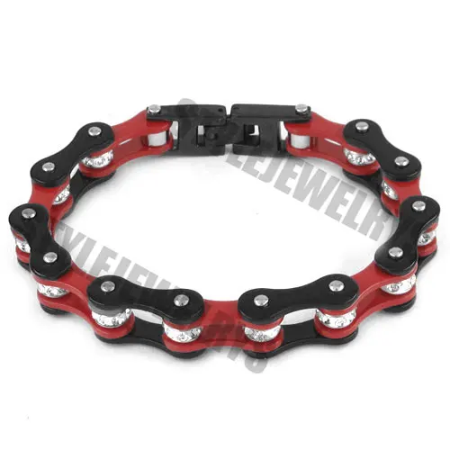

Wholesale Bling Crystal Motorcycle Bracelet Stainless Steel Jewelry Red & Black Bicycle Chain Motor Biker Bracelet SJB0258
