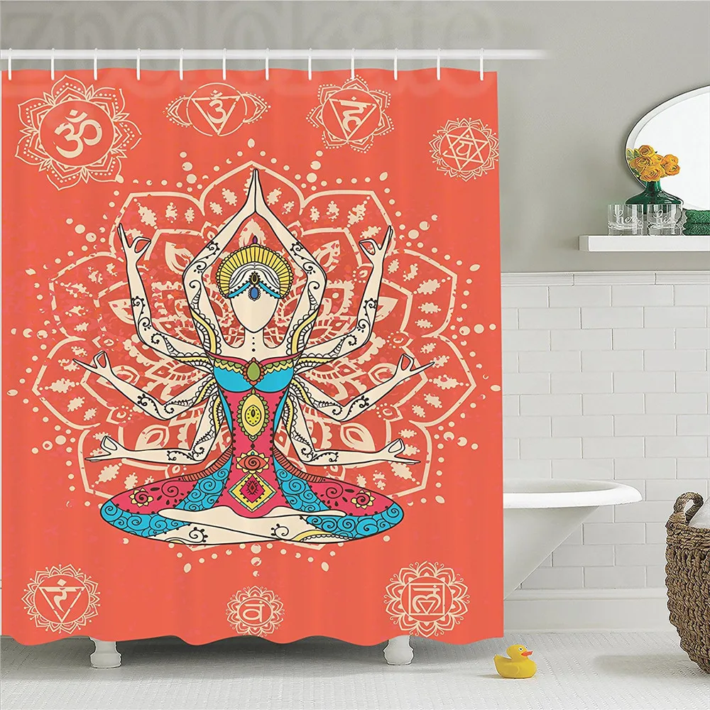 Yoga Decor Shower Curtain Set Yoga Technique with Ethnic Costume