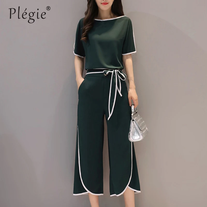 Plegie, летняя новинка, женская шифоновая рубашка+ длинные брюки, наборы, дамские, две части, элегантная шифоновая блузка и широкие брючные костюмы