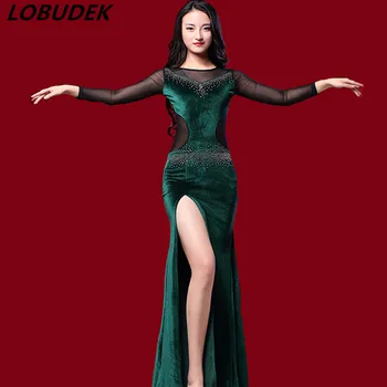 

Modern dance female Belly dancing Practice clothing Velvet Crystals slim long dress sexy one piece Match performance costumes