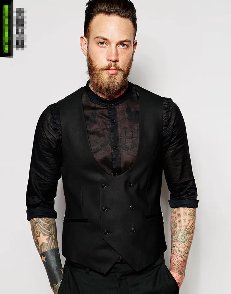 

2017 Latest Coat Pant Designs Black Double Breasted Men Vest Waistcoat Fashion Slim Fit Skinny Formal Custom Colete Masculino