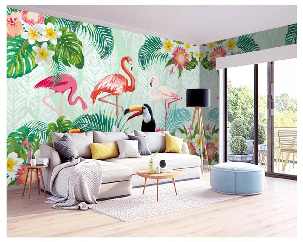Beibehang personalizado estéreo moda papel de pared planta tropical parrot flamingo interior Fondo papel de pared 3d wallpaper behang