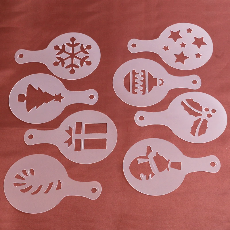 8pcs/set Christmas Theme Coffee Template Plastic Coffee Foam Spray Mold Milk Cappuccino Cookie Art Tools Barista Accessories#06