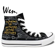 Вэнь Дизайн пользовательские ручной росписью обувь Кошмар перед Рождеством мужские и женские высокие холщовые кроссовки для рождественские подарки