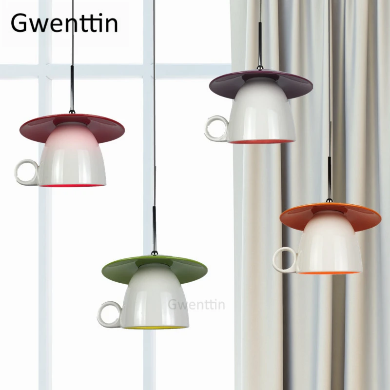 

Ceramic Mug Cup Pendant Lamp Led Cafe Hanging Lights for Dining Room Kitchen Light Fixtures Home Art Decor Suspension Luminaire