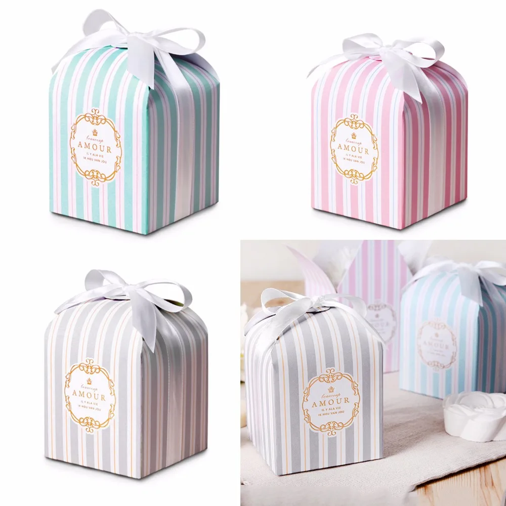 

100x White cardboard upscale wedding gift box,Stripe bronzing cake cookies box wedding party banquet chocolate candy packing box