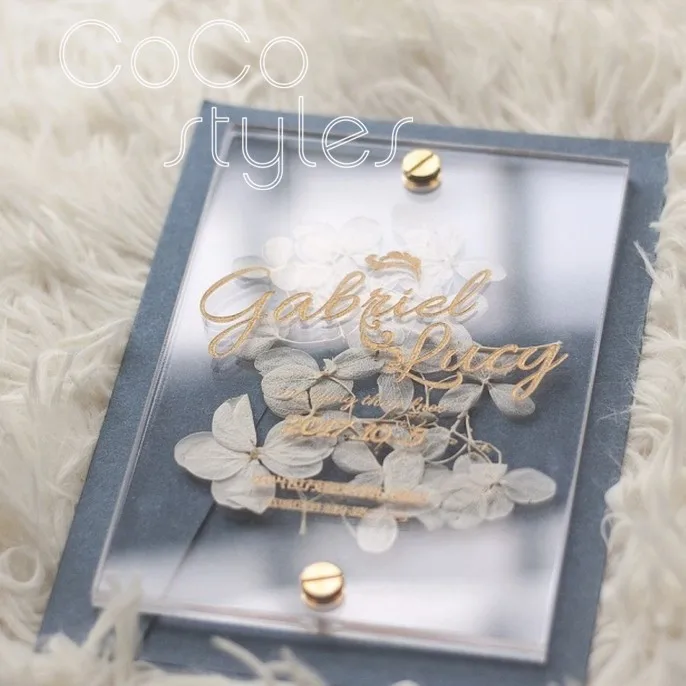  Cocostyles custom personalized clear acrylic invitation card with white foreverflower and engraving - 32869049352