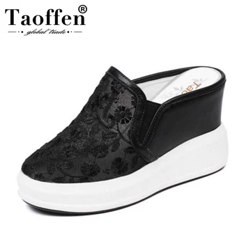 

TAOFFEN Elegant Women Real Genuine Leather Wedges Sandals Lace Elastic Patchwork Wedges Slipper Summer Women Shoe Size 32-40