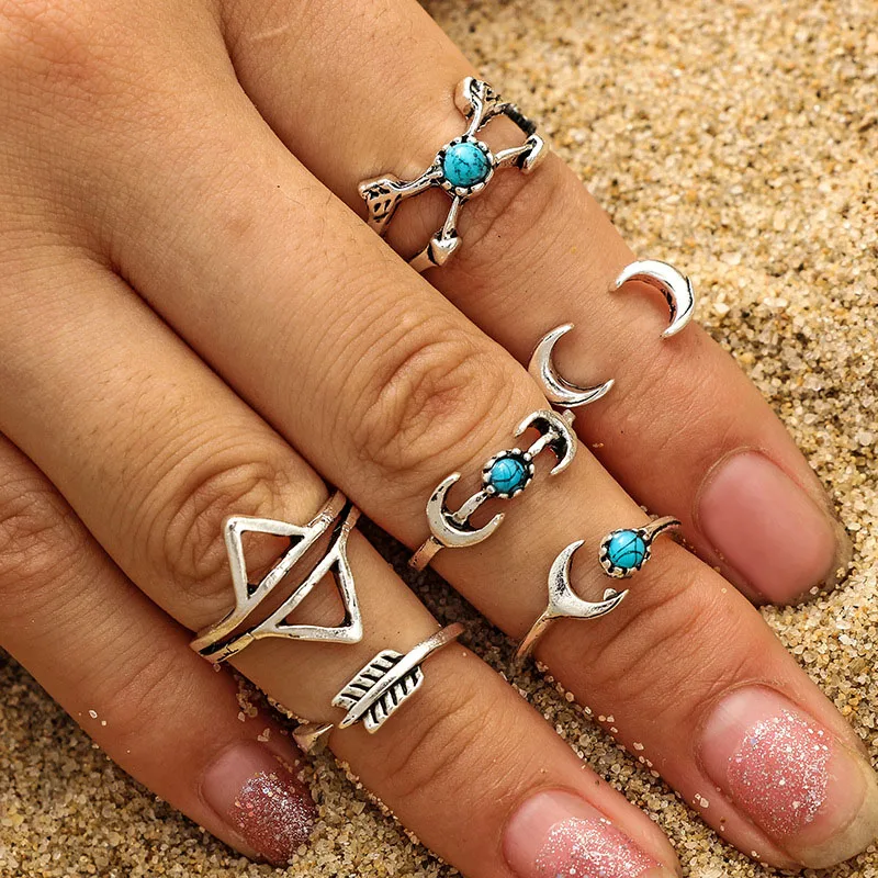 Vintage Rings Exaggerated Bohemian Ring Geometric Stone Moon Personality Combination Set of 6 Summer Woman's Jewelry | Украшения и