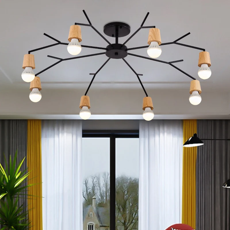 

LED Nordic Chandelier 3/5/6/8 Lights Living Room Suspension Lighting Fixture White And Black Metal Wooden Chandeliers