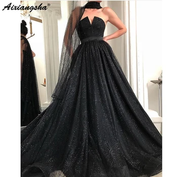 

Black Long Dress Sexy Ball Gown Glitter V-neck Sleeveless Floor Length Evening Gown suknie wieczorowev Lace Tulle robe de soire