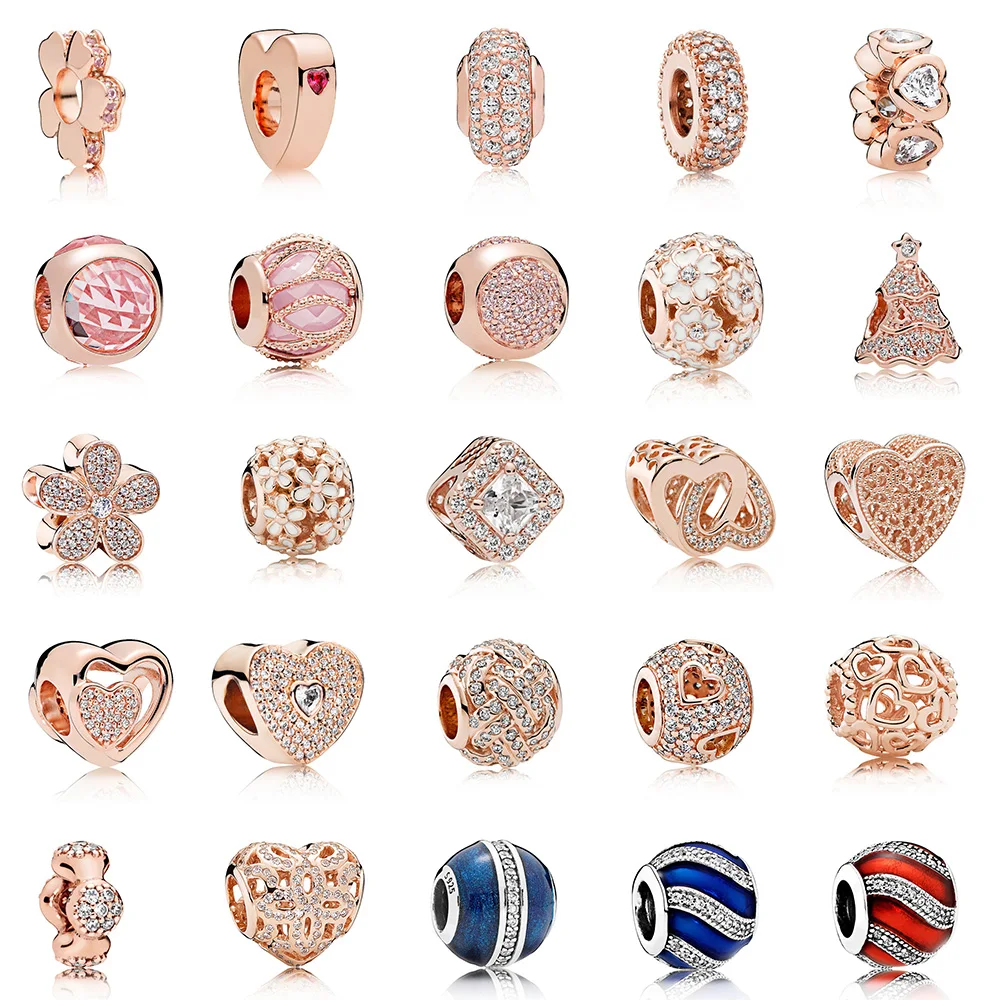 

925 Sterling Silver Glittering Round Rose Gold Crystal Bead Charm Heart Bead For Women Original Pandora Charms Bracelet Jewelry