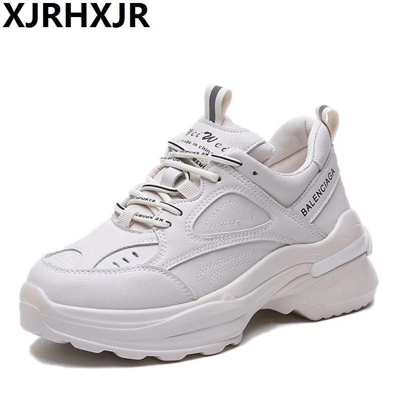 

XJRHXJR Pu Leather 6cm Women Platform Chunky Sneakers 2019 Fashion Women's Flat Thick Sole Shoes Woman Dad Footwear