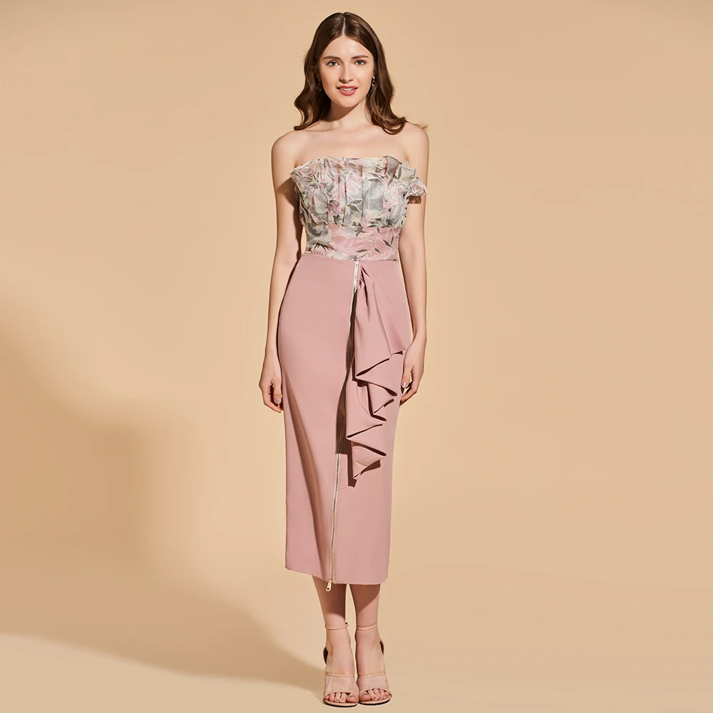 Элегантное коктейльное платье Dressv с принтом без бретелек длиной ниже колена на