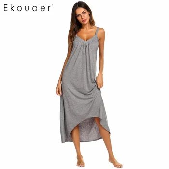 Ekouaer Nightgown Women Nightwear Dress Solid Irregular Hem Spaghetti Strap Loose Dress V-Neck Nightdress Sleepwear deep v neck asymmetrical hem dress