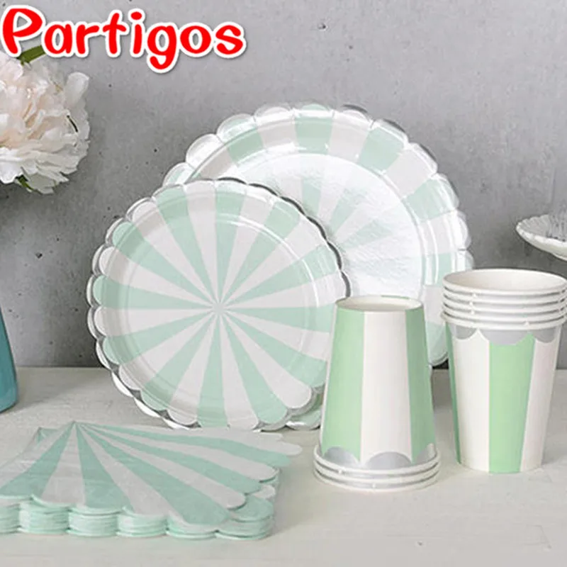 

40pcs/Set Baby Shower Birthday Wedding Party Pink Mint Green Stripe Paper Plates Cup Napkins Decorations Paper Tableware Supply