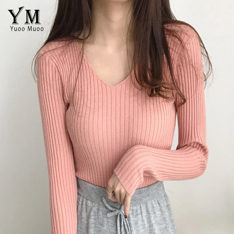 YuooMuoo 2019 V الرقبة الخريف سترة النساء جودة عالية عارضة الوردي سترة البلوز الشتاء قمم تريكو السيدات صداري