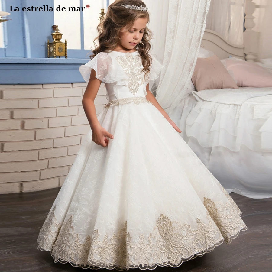 

Flower girl dresses 2019 new lace bat sleeve a Line ivory gold vestido primera comunion blanco para ninas long communion dresses