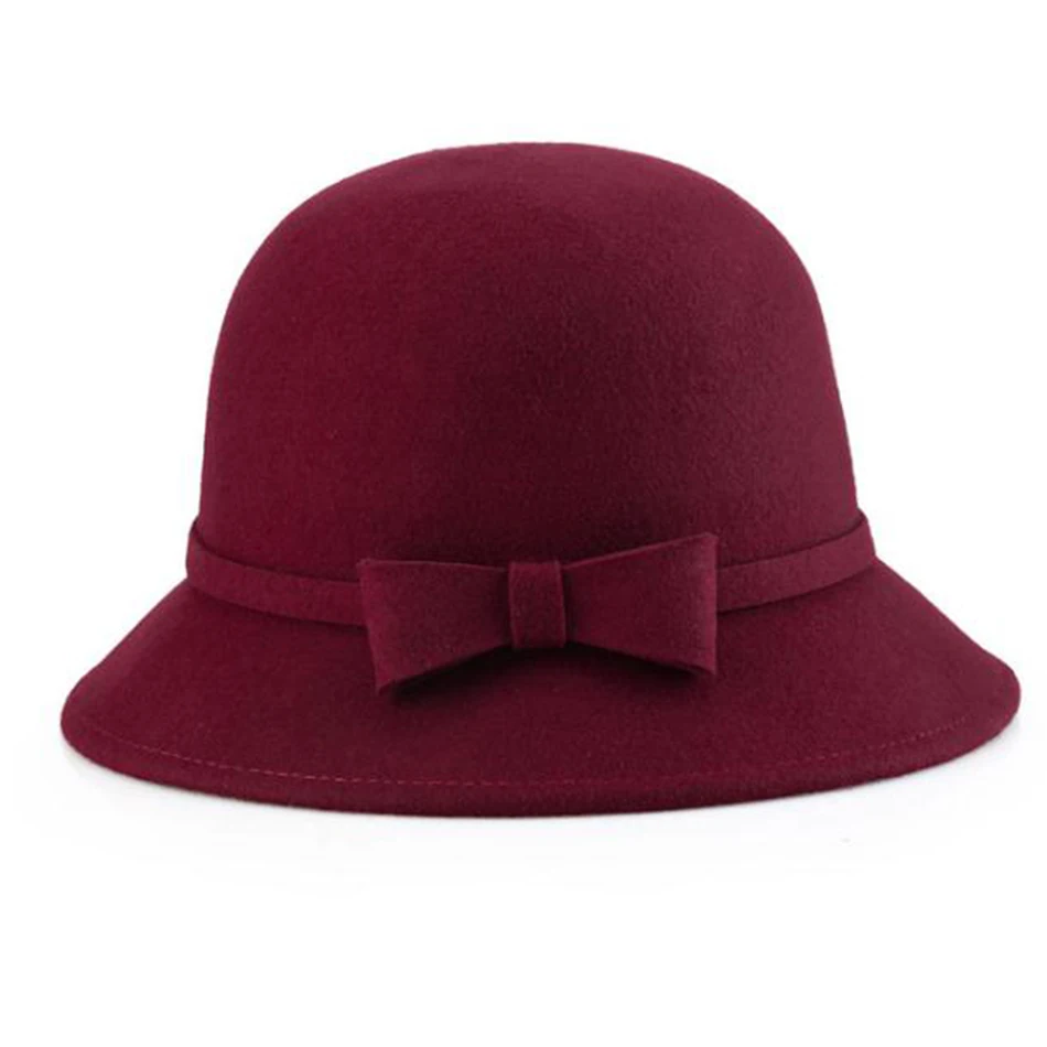 BUTTERMERE шерстяная фетровая шляпа женские шляпы цвета хаки твид котелок фетровая шляпа женская элегантная однотонная теплая британская шапка женская осенне-зимняя фетровая шапочка - Цвет: burgundy fedoras