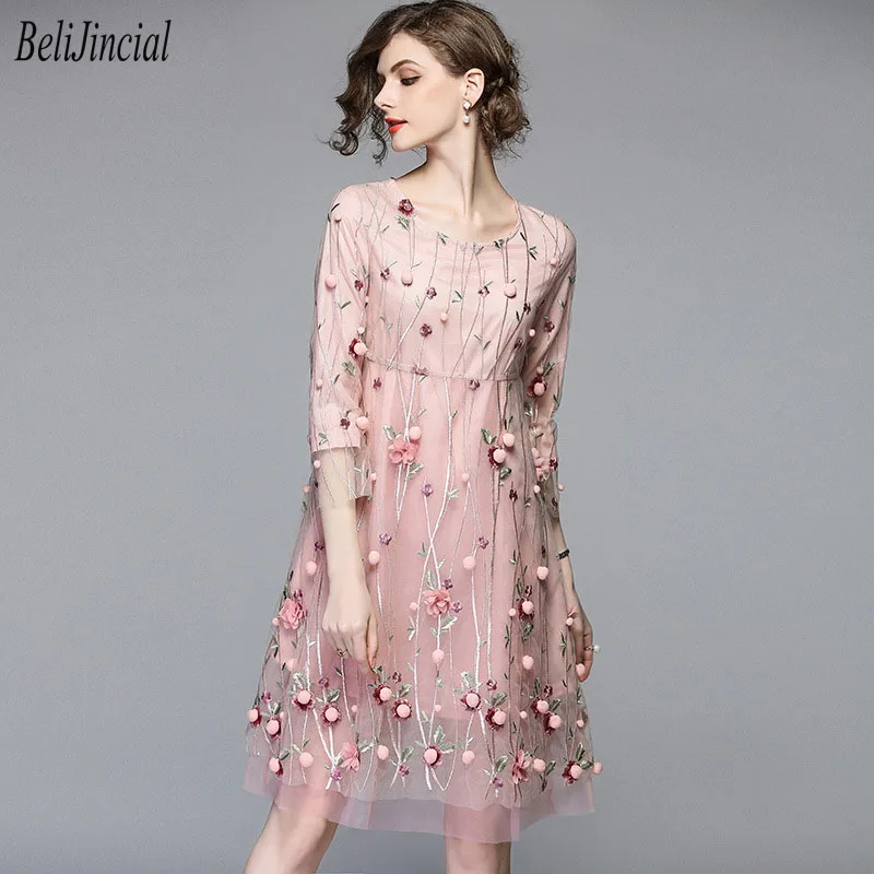 Women Elegant Summer Luxury Robes Floral Embroidery A Line Mesh Midi