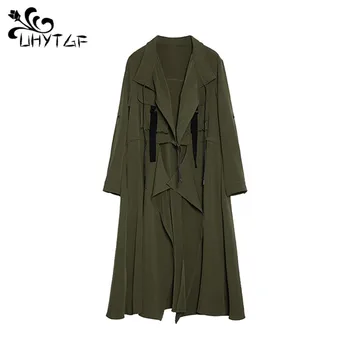

UHYTGF Plus size coats Ladies Fashion Cardigan trench coat Korean women's Stitching long coat Elegant female Windbreaker coat 91