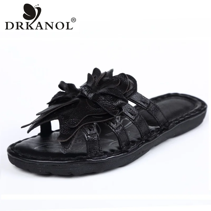

DRKANOL 2019 New Summer Women Slippers Comfortable Genuine Leather Flat Slippers Handmade Cowhide Slides Soft Women Sandalias