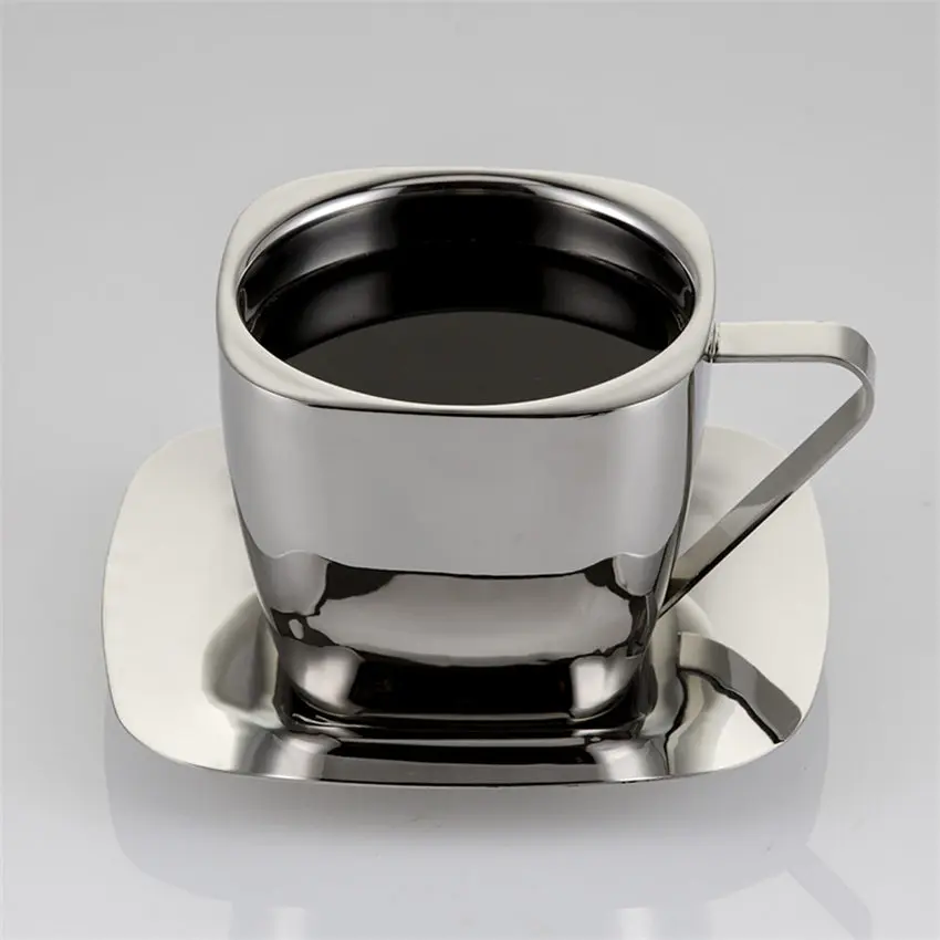 90/150/240ml Stainless Steel Coffee Cup Set Double Anti-hot Insulation Cups Creative Square Tea Cup and Saucer Milk Mug - Цвет: 90ml