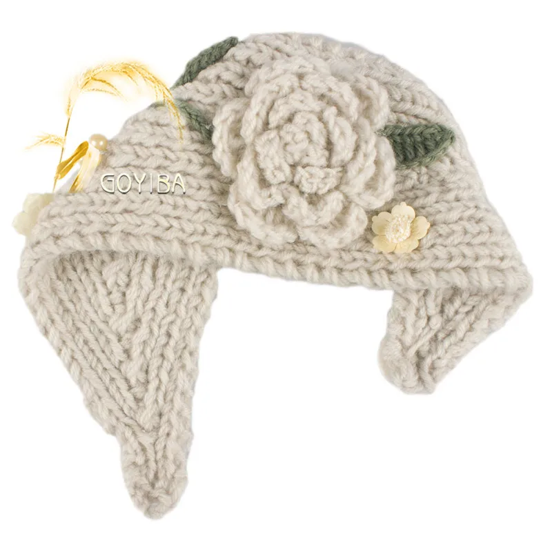GOYIBA, 11 цветов, женская зимняя вязаная повязка на голову с цветком, вязанная крючком, с пуговицами, повязка на голову, Ушная грелка, тюрбан, повязка для волос - Цвет: Beige