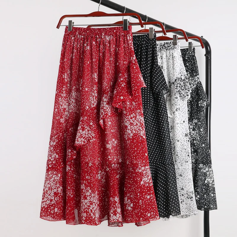 Женская элегантная юбка с цветочным принтом и рюшами BOho Chic плиссированная юбка женская шифоновая эластичная женская повседневная юбка