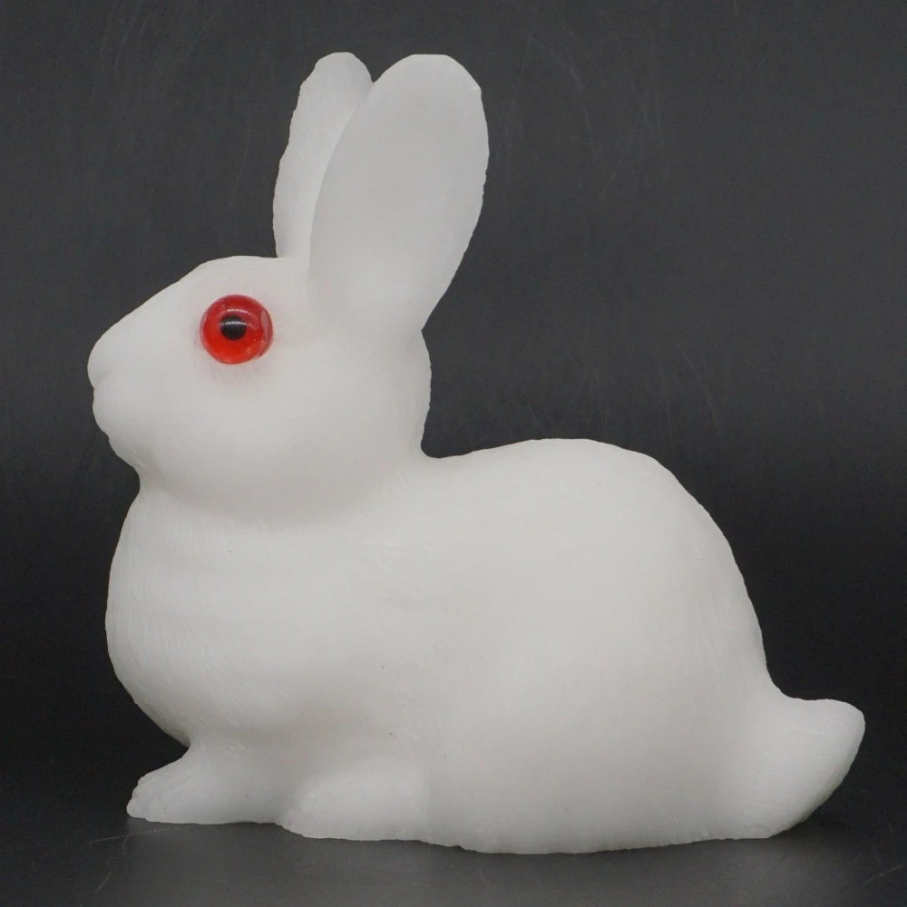 Rabbit Hare Figurine Natural Gemstone White Jade Carved Animal Statue