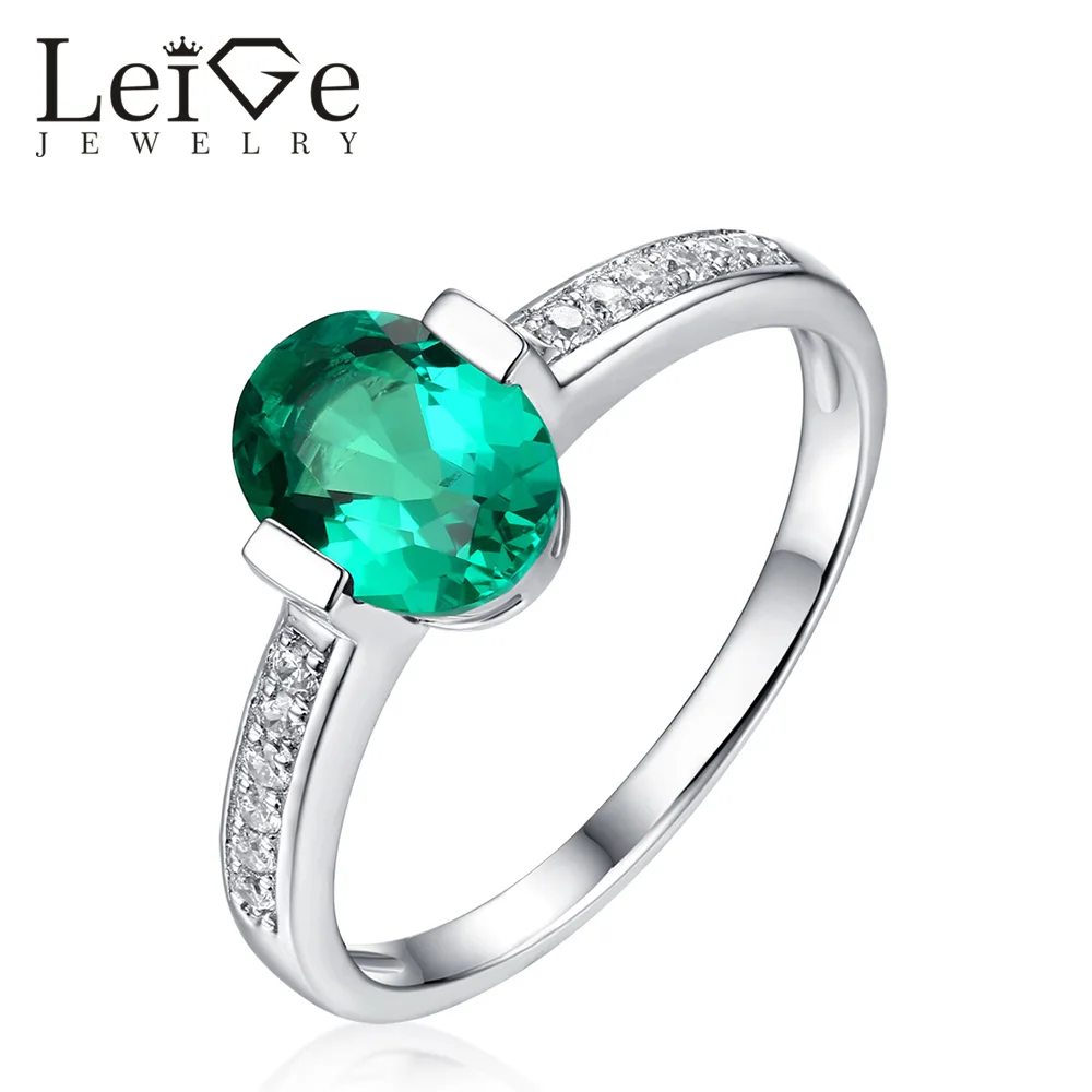 Leige Jewelry Silver 925 Solitaire Emerald Ring Green Oval Cut 