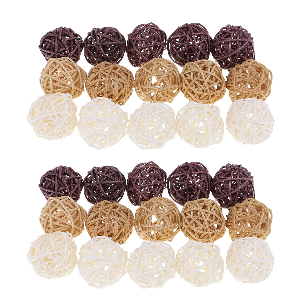 30Pieces 3cm Rattan Wicker Balls White Brown Natural Colors for Home Wedding Party Rustic Decorations, Vase Fillers, Bird Toys
