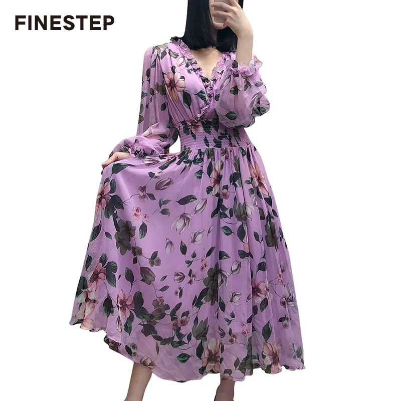 

Long 2 Piece Dress Floral Print Dress Silk 2019 High Quality 100 Silk Dress for Women Elegant Dress with V-neck Collar