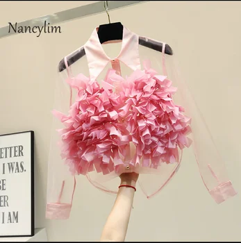 

Shirt Girl Flower Chiffon Perspective Shirts Female Korean Top Blouse Very Fairy Blouses Women Holiday Beach Shirts Tops