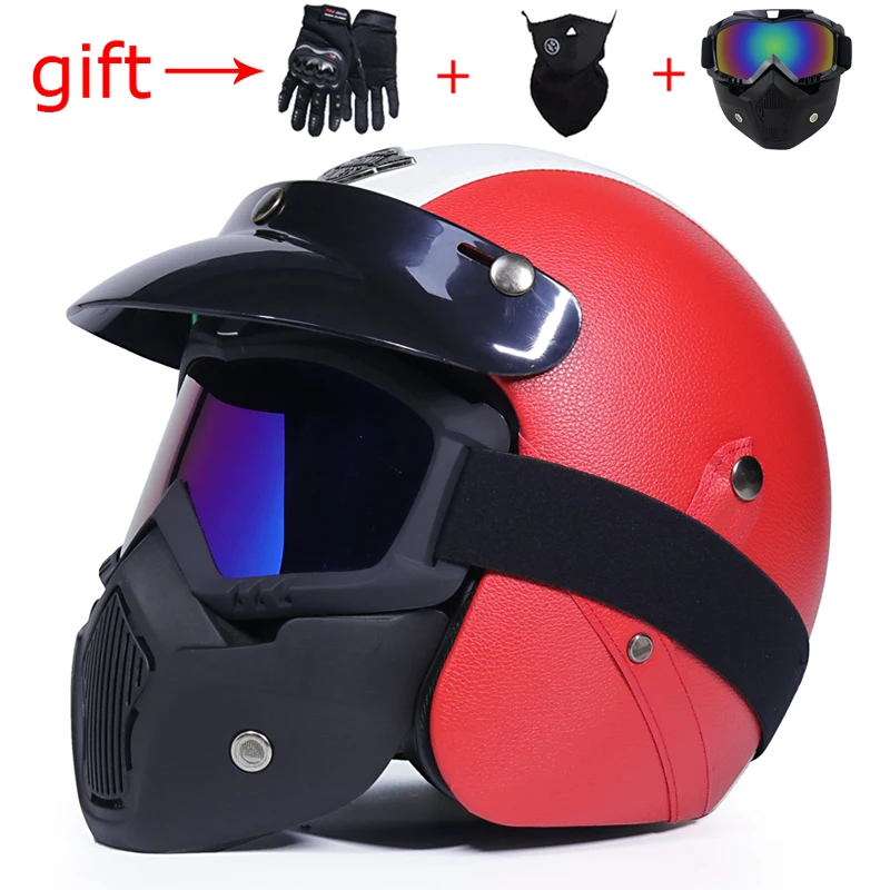 VOSS последний Ретро мотоциклетный шлем из искусственной кожи с открытым лицом 3/4 велосипед-чоппер шлем емкость с очками маска точка одобрено - Цвет: 11a