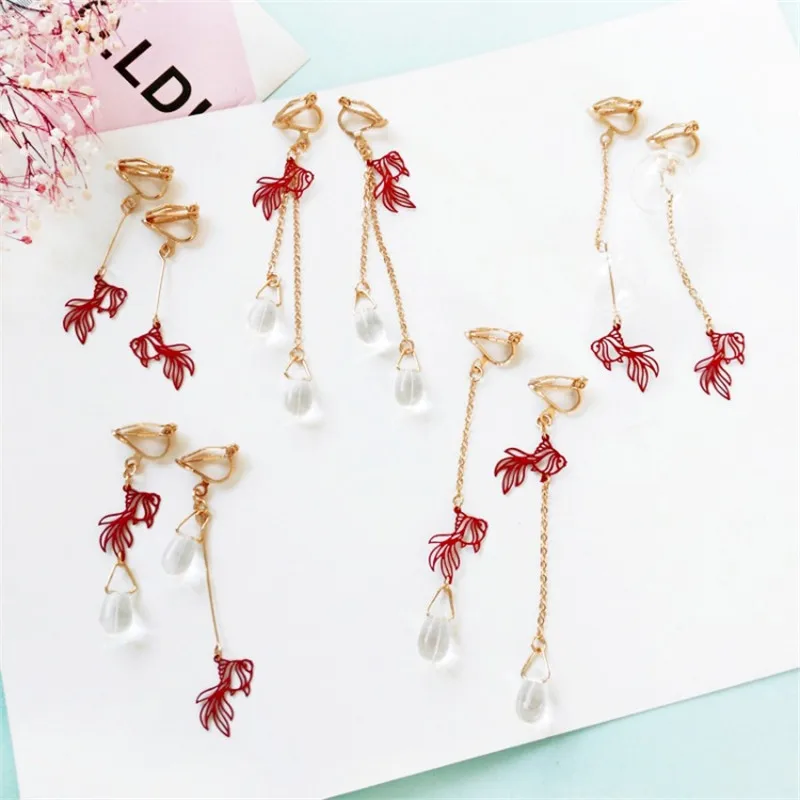 

Asymmetric Red Goldfish Drop Pendant Earrings Ear Clip Fashion Personality Girl Earrings Female Trendy Cute Jewelry Accessories